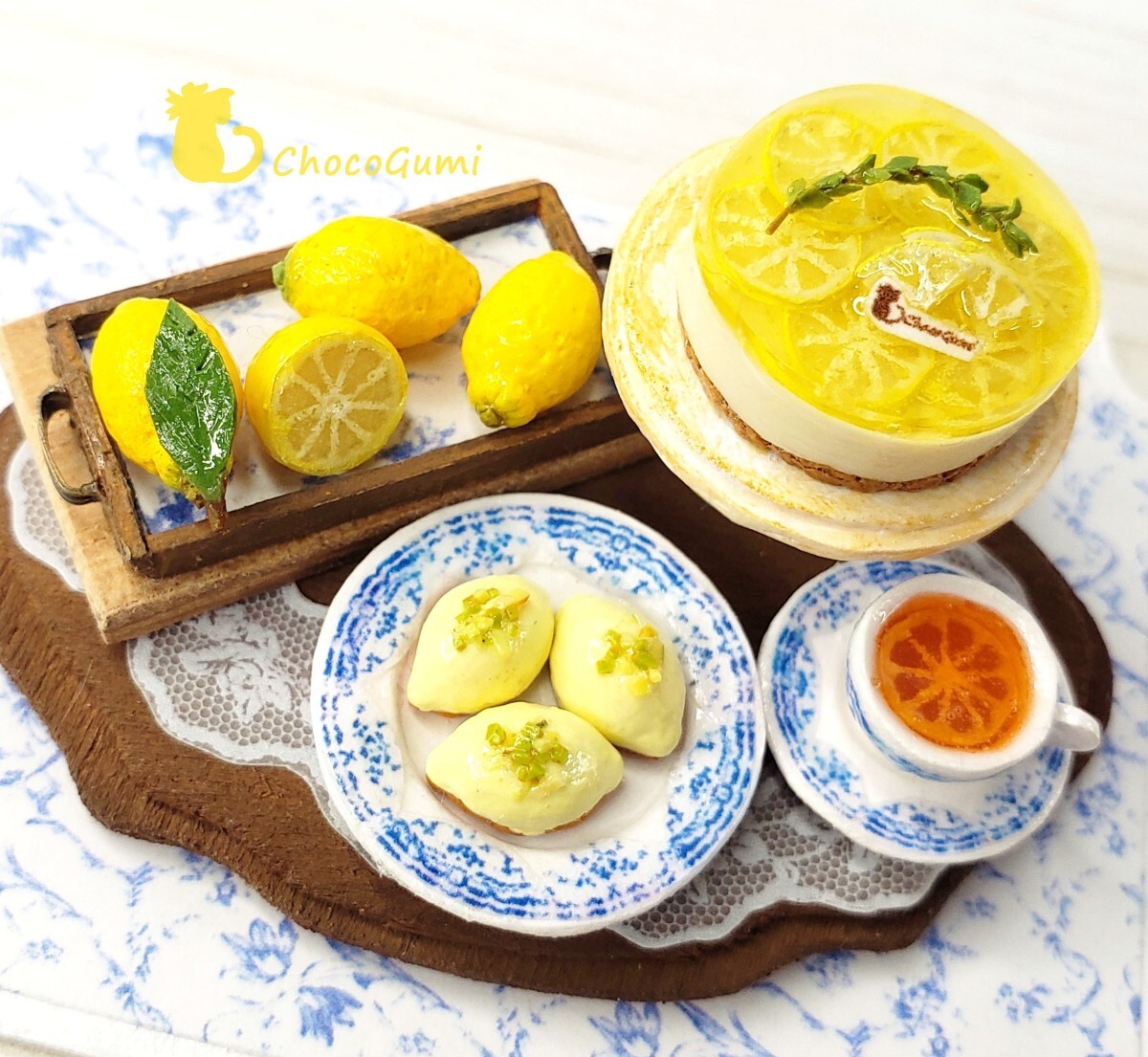 レモンのお茶會セット レモンレアチーズケーキ レモンケーキ レモンティー ミニチュアフード ドールハウス 食品サンプル ハンドメイド