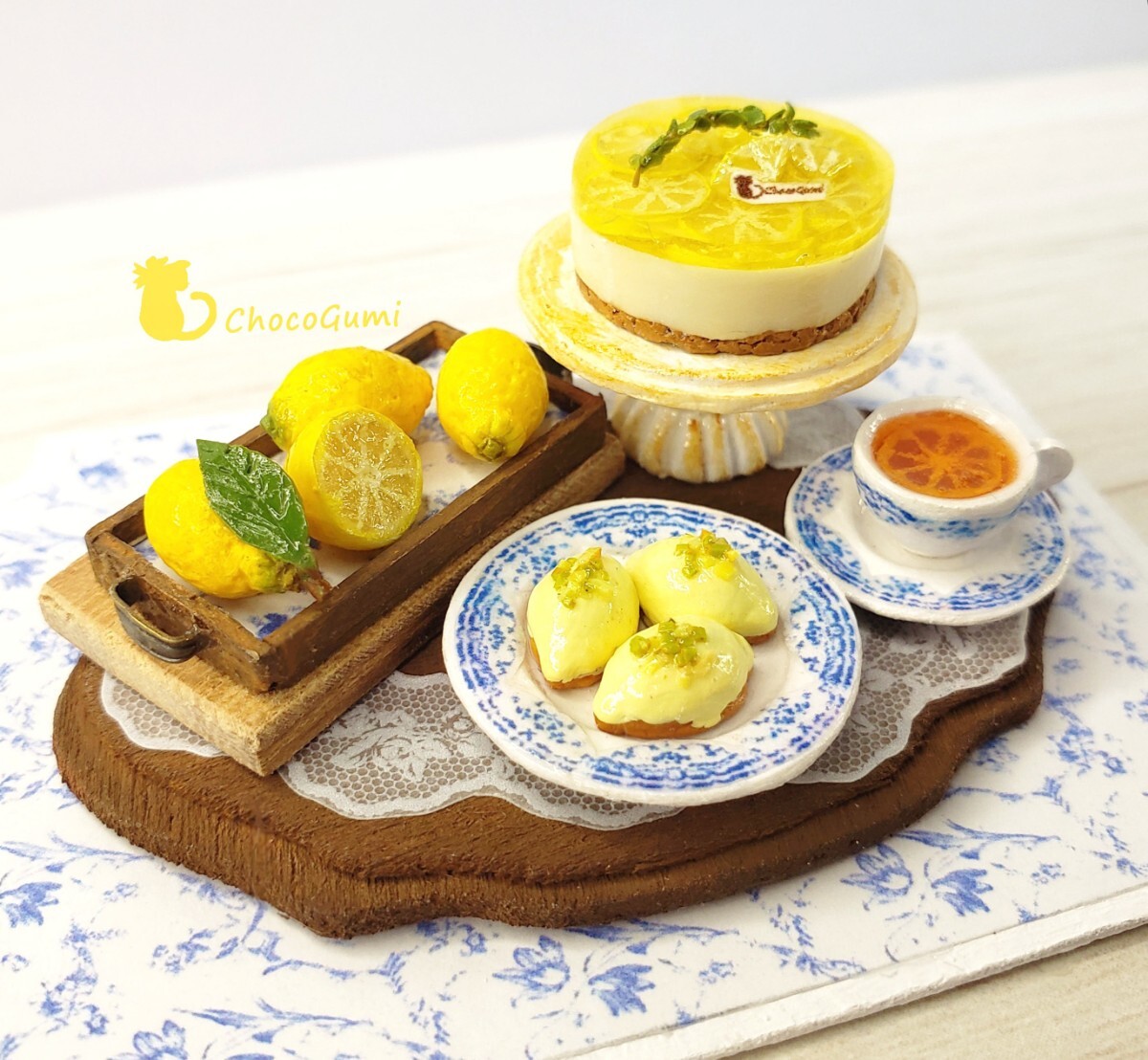 レモンのお茶會セット レモンレアチーズケーキ レモンケーキ レモンティー ミニチュアフード ドールハウス 食品サンプル ハンドメイド