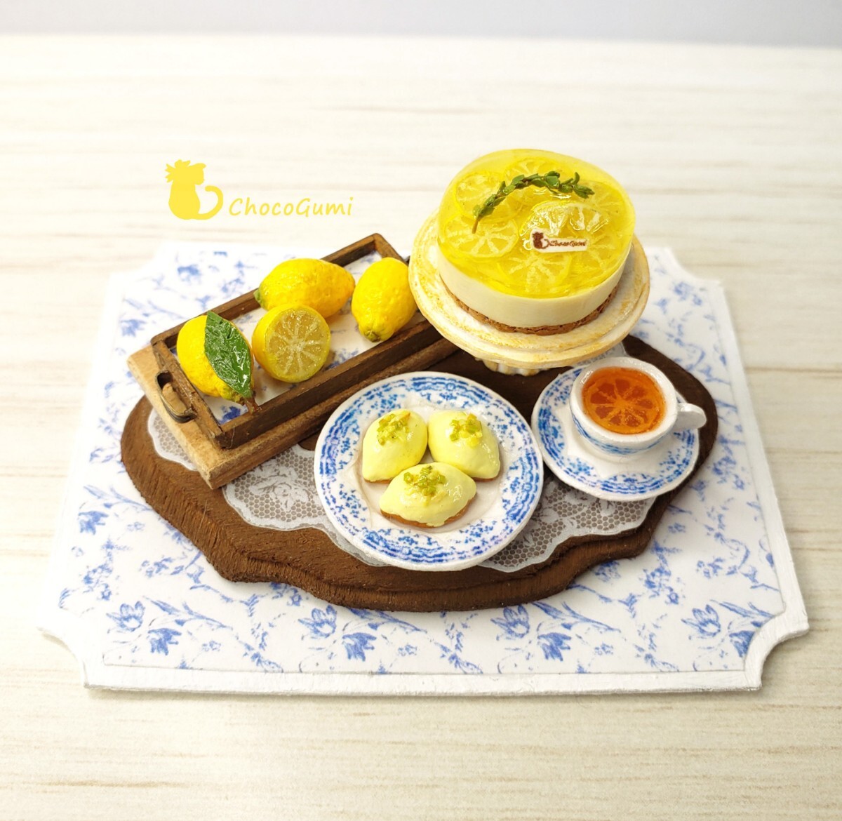 レモンのお茶會セット レモンレアチーズケーキ レモンケーキ レモンティー ミニチュアフード ドールハウス 食品サンプル ハンドメイド