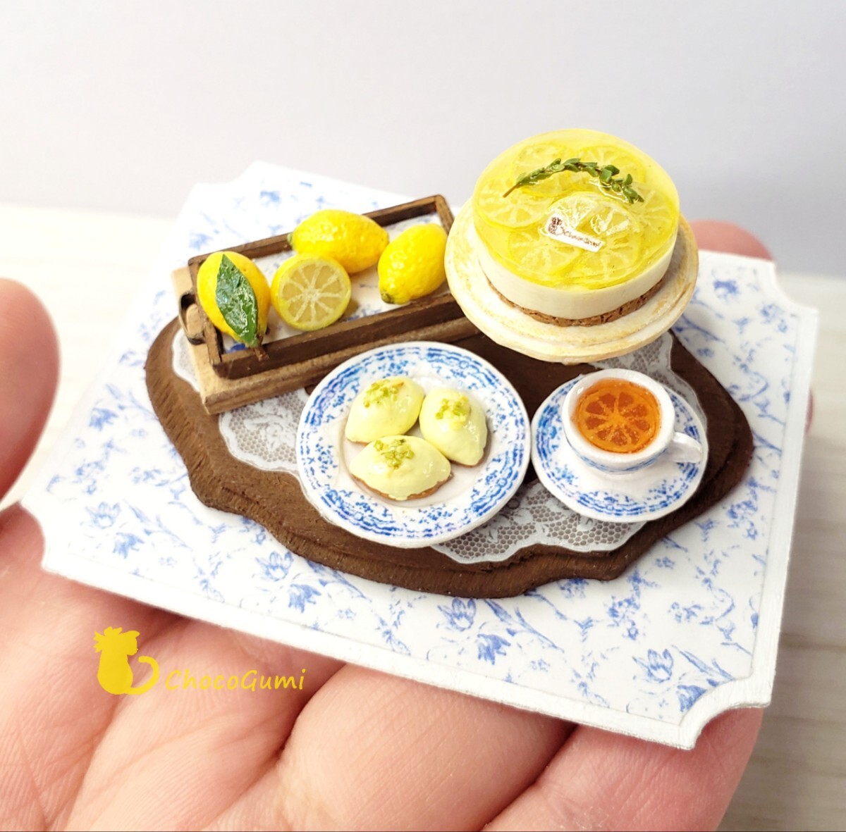 レモンのお茶會セット レモンレアチーズケーキ レモンケーキ レモンティー ミニチュアフード ドールハウス 食品サンプル ハンドメイド