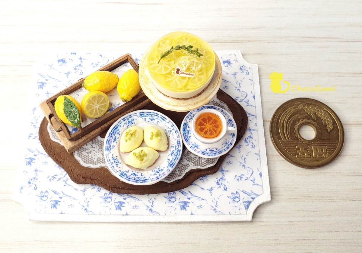 レモンのお茶會セット レモンレアチーズケーキ レモンケーキ レモンティー ミニチュアフード ドールハウス 食品サンプル ハンドメイド
