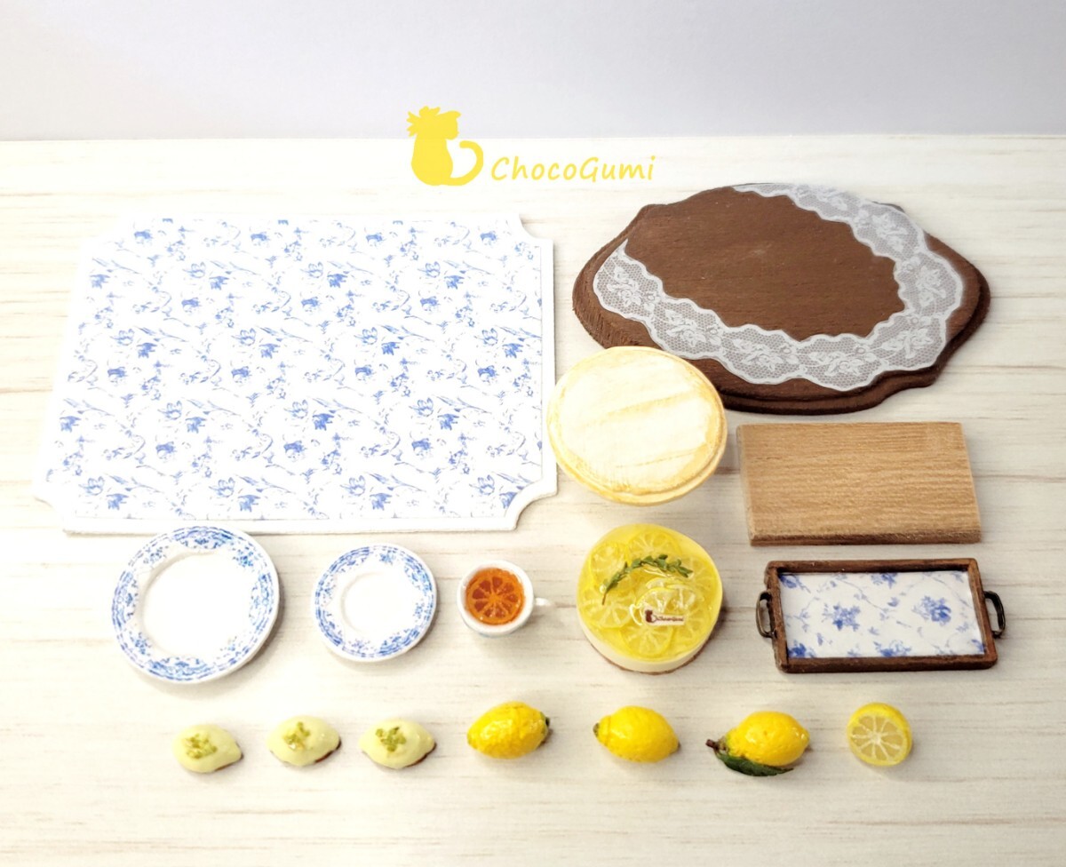 レモンのお茶會セット レモンレアチーズケーキ レモンケーキ レモンティー ミニチュアフード ドールハウス 食品サンプル ハンドメイド
