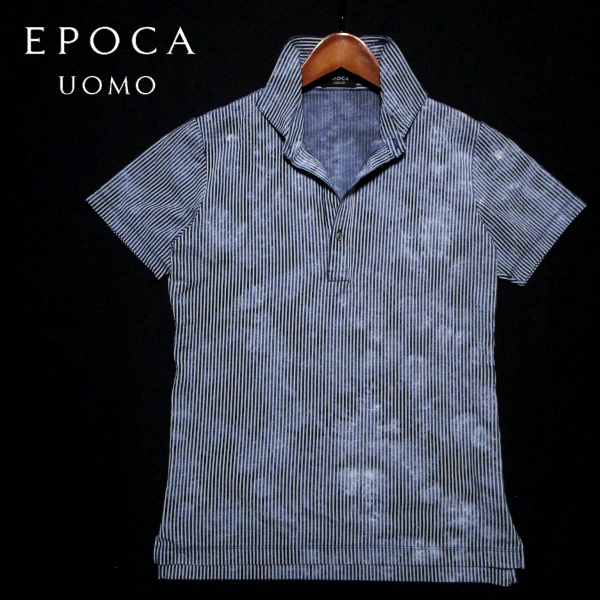 【EPOCA UOMO】 タイダイストライプ　半袖プルオーバーシャツ　コットンポリ　サイズ46（M） ネイビー　日本制　エポカウォモ　三陽商會