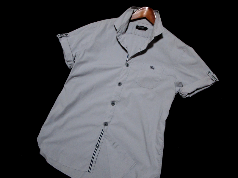 【バーバリーブラックレーベル】 前立ストライプ　半袖シャツ　袖2WAY　サイズ3（L） BURBERRY BLACK LABEL　三陽(yáng)商會(huì)