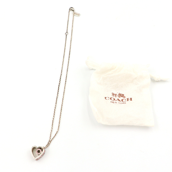 コーチ COACH ハート ネックレス 925 ラインストーン ピンク シルバー ペンダント【xx】【中古】4000060801700725
