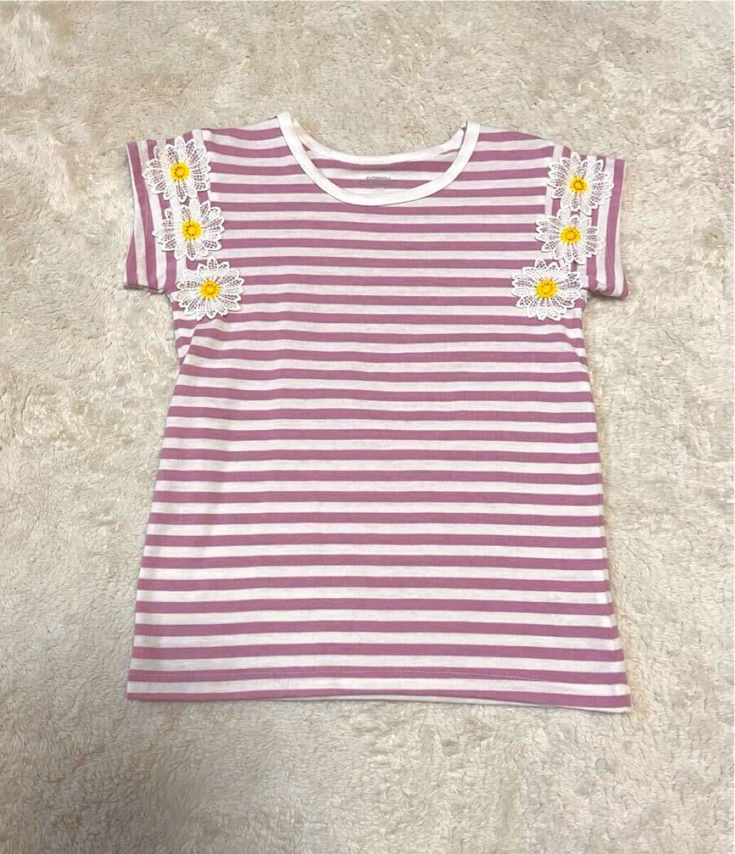 送料無料★新品タグ付き★お花レースがかわいい?ボーダーTシャツ★130★ピンク★女の子キッズ子供幼稚園小學(xué)生パンツズボンスカートに