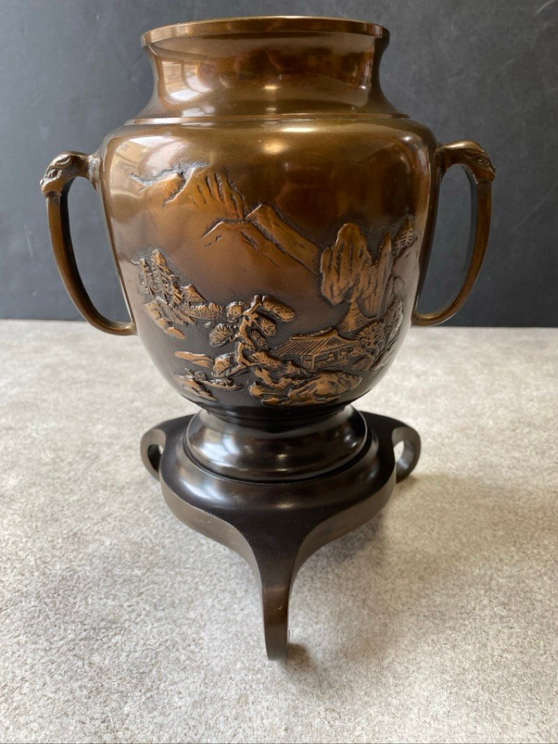 唐銅 薄端 共耳山水 花入 三足 本漆涂 金屬工蕓 銅制 花器 インテリア ディスプレイ 長(zhǎng)期保管品 ☆ちょこオク☆100