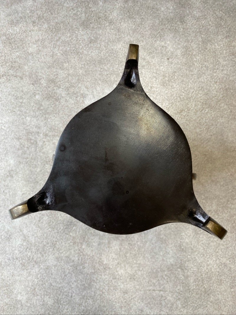 唐銅 薄端 共耳山水 花入 三足 本漆涂 金屬工蕓 銅制 花器 インテリア ディスプレイ 長(zhǎng)期保管品 ☆ちょこオク☆100