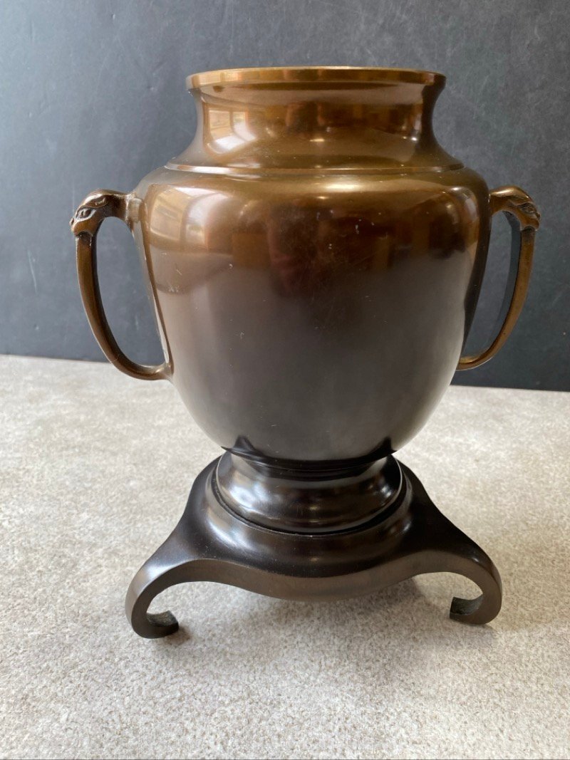 唐銅 薄端 共耳山水 花入 三足 本漆涂 金屬工蕓 銅制 花器 インテリア ディスプレイ 長(zhǎng)期保管品 ☆ちょこオク☆100