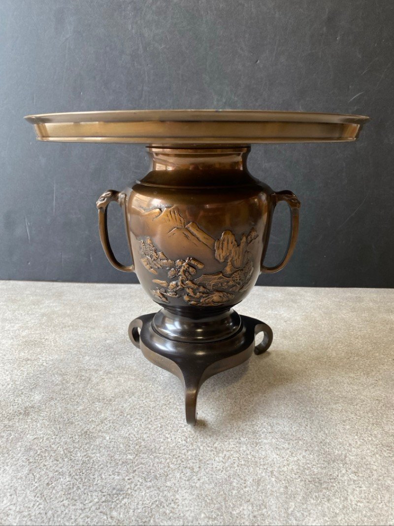 唐銅 薄端 共耳山水 花入 三足 本漆涂 金屬工蕓 銅制 花器 インテリア ディスプレイ 長(zhǎng)期保管品 ☆ちょこオク☆100