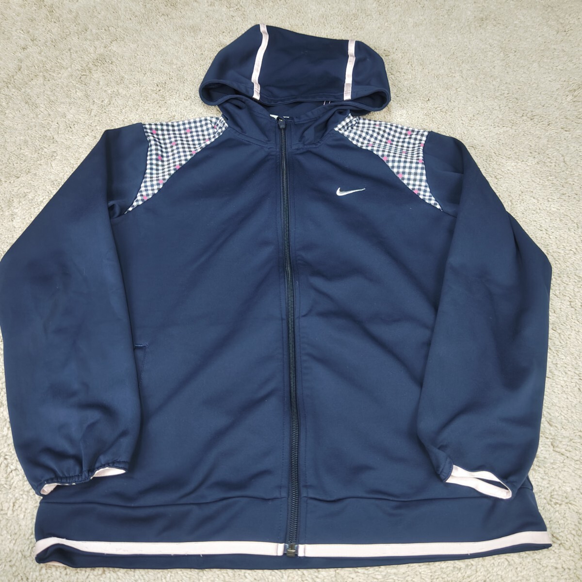 NIKE ナイキ フード付き ジャージ 上下セット レディース Mサイズ ネイビー チェック パーカー セットアップ スポーツウェア トレーニング
