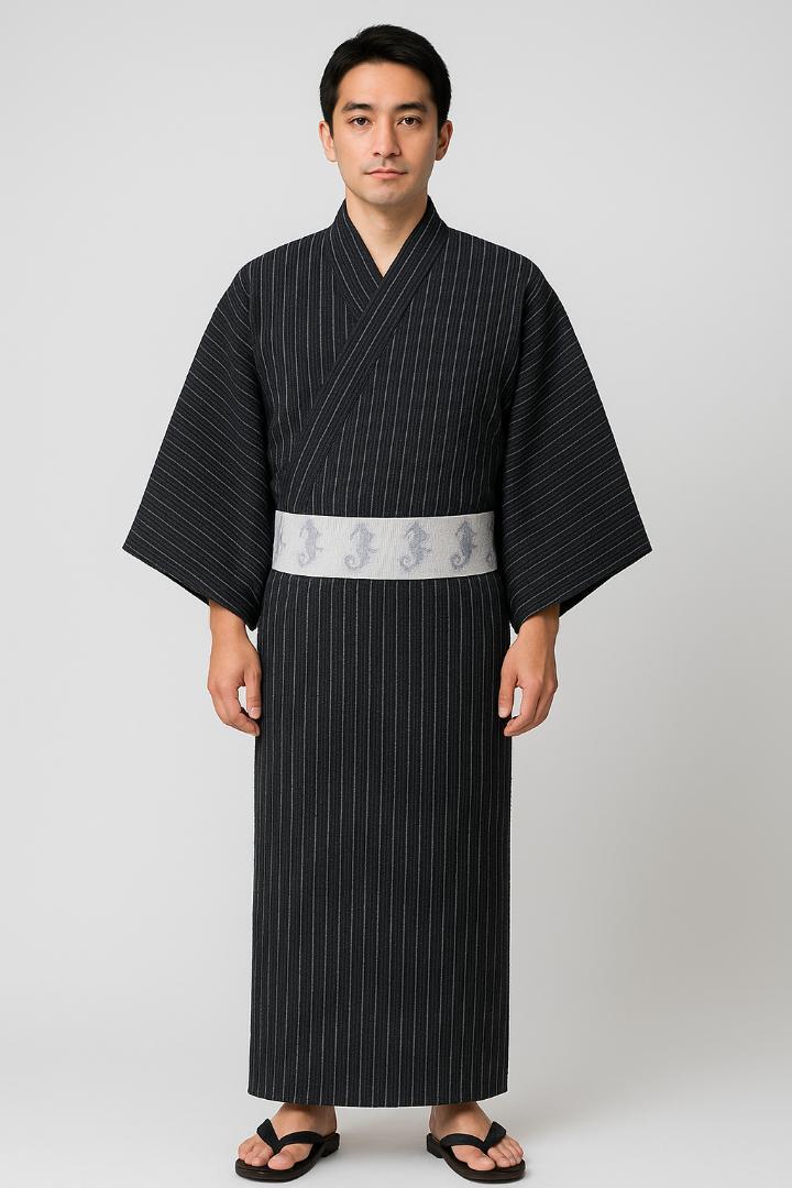 浴衣 単品 男性用 しじら織 綿100％ 仕立て上がり 3L 4L 黒地 縞柄 ゆかた 夏祭り お祭り 花火 新品（株）安田屋 NO40467-1