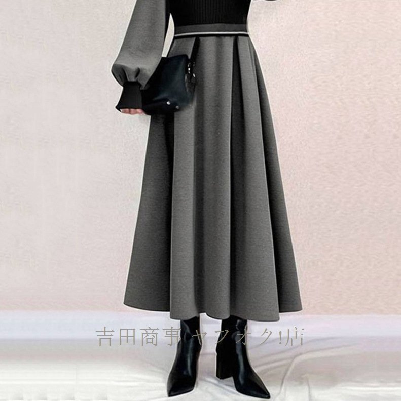 ★新品秋冬ワンピース レディース ニットワンピース ロング丈 配色 切り替え きれいめ ふんわり袖 異素材 通勤 体型カバー 長袖 ミモレ丈の画像2