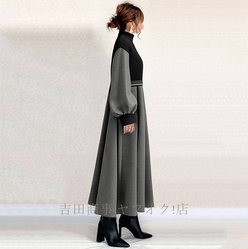 ★新品秋冬ワンピース レディース ニットワンピース ロング丈 配色 切り替え きれいめ ふんわり袖 異素材 通勤 体型カバー 長袖 ミモレ丈の画像3