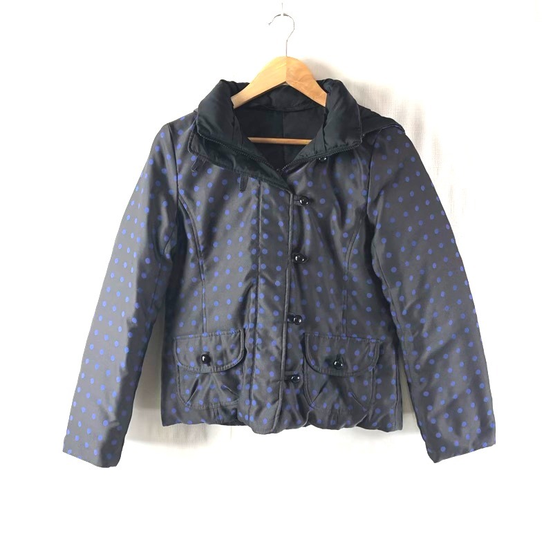 ソニアリキエル SONIA RYKIEL ダウンジャケット リバーシブル 水玉 フード ファー ロゴボタン ブルー 黒 38サイズ 951904