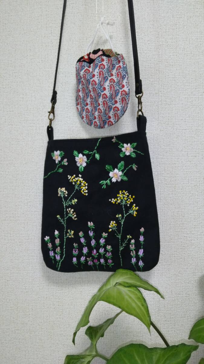 ハンドメイド?オンリーワンのバック?手刺繍?綿麻?ハーブ?デイル?ヒソップ?ビオラ?手刺繍ショルダー/斜め掛けバック