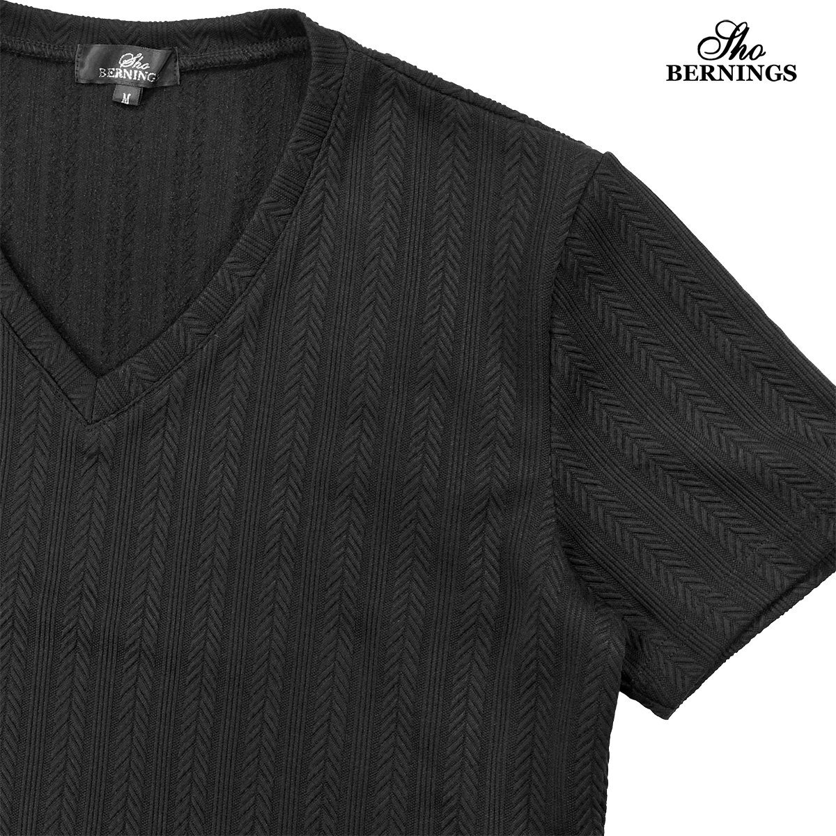 341842-90 Tシャツ Vネック ヘリンボーン柄 シンプル 半袖 無地 織柄 ファッション おしゃれ メンズ(ブラック黒) シンプル L_画像5