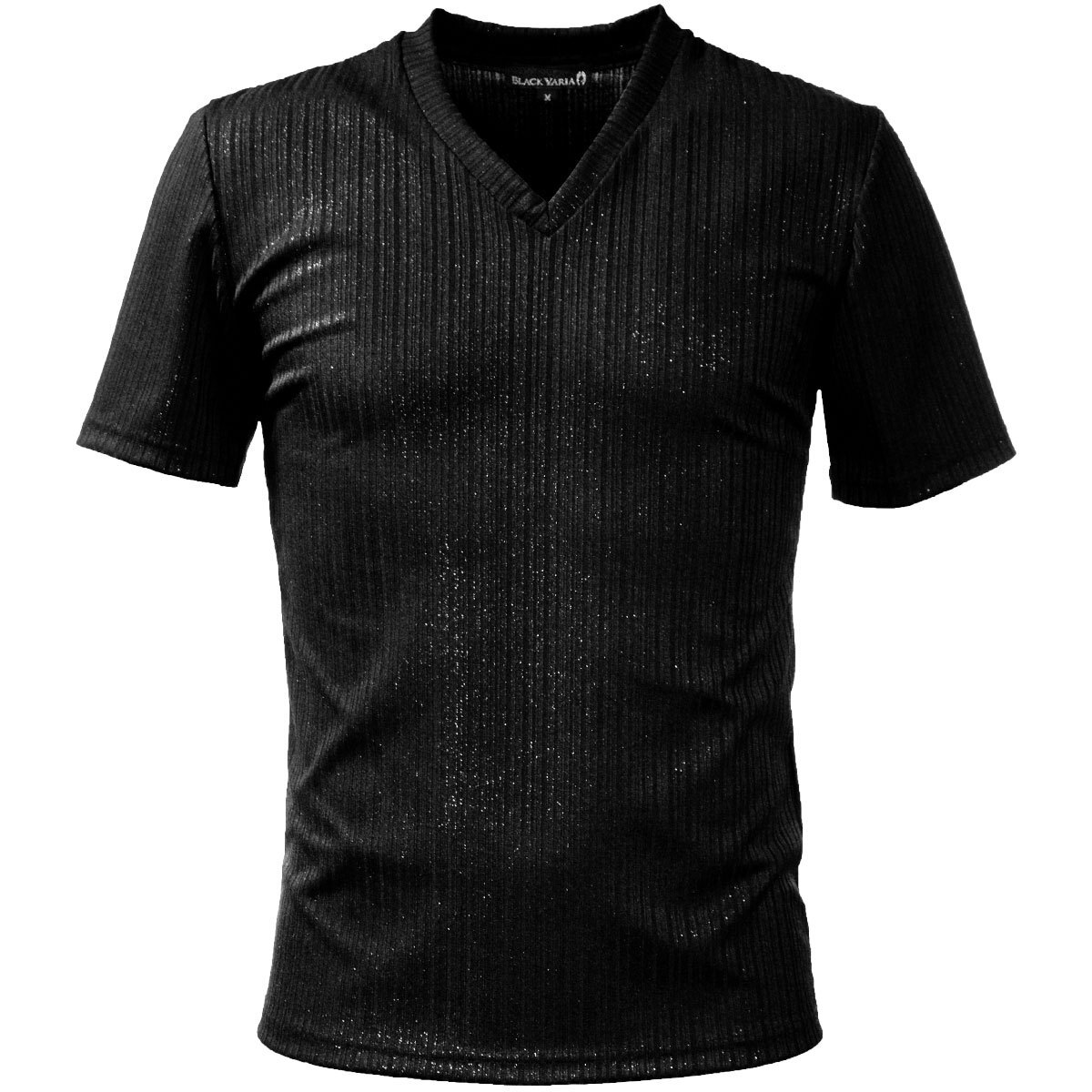 9#173313-bksi ブラックバリア ランダムテレコ ラメ メンズ 日本制 Vネック 光沢 スリム 半袖Tシャツ(黒シルバー銀) LL きれいめ 大人