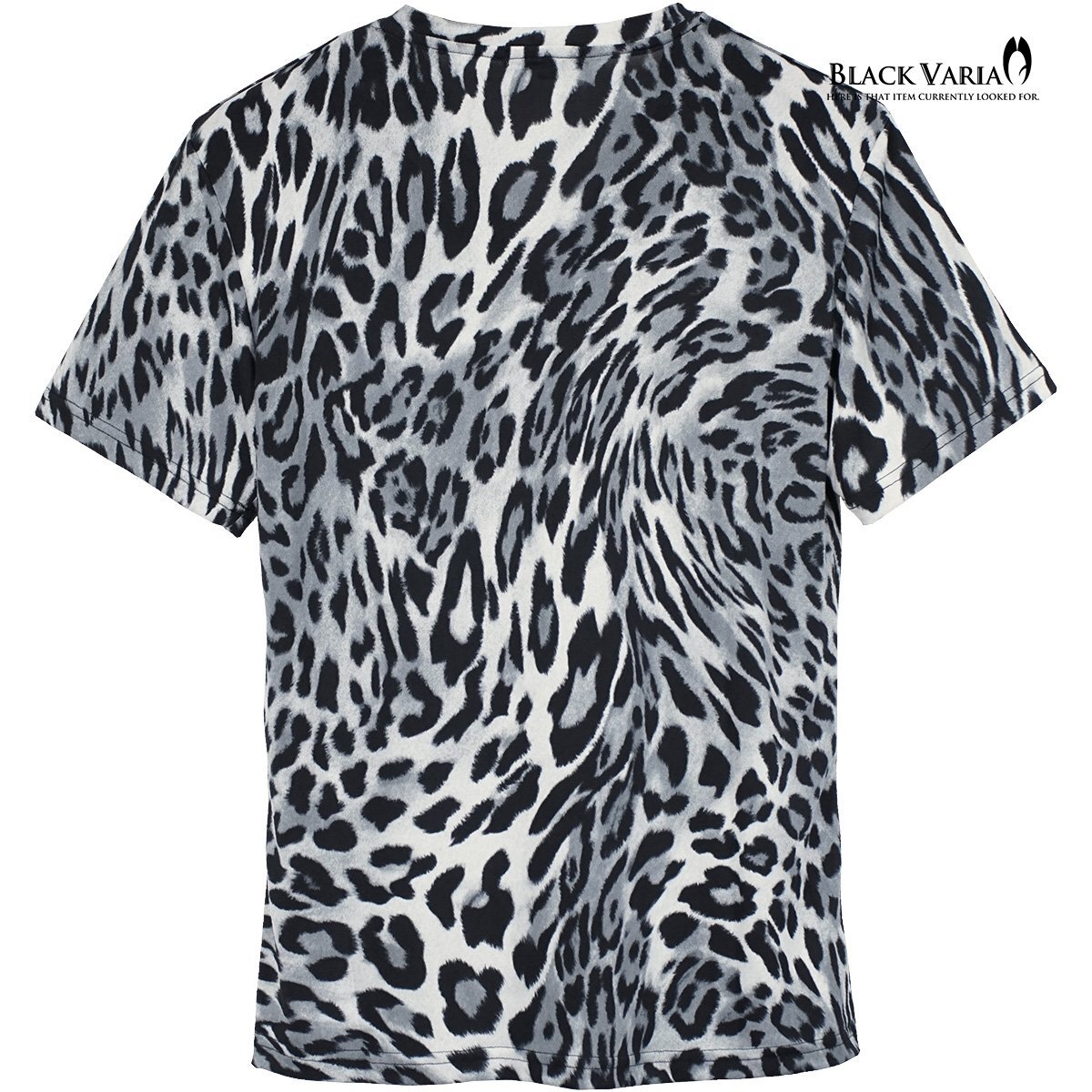 241307-gybk BLACK VARIA Tシャツ 半袖 Vネック 渦 ヒョウ柄 豹 レオパード 派手 スリム ストレッチ メンズ(グレー灰ブラック黒) XL