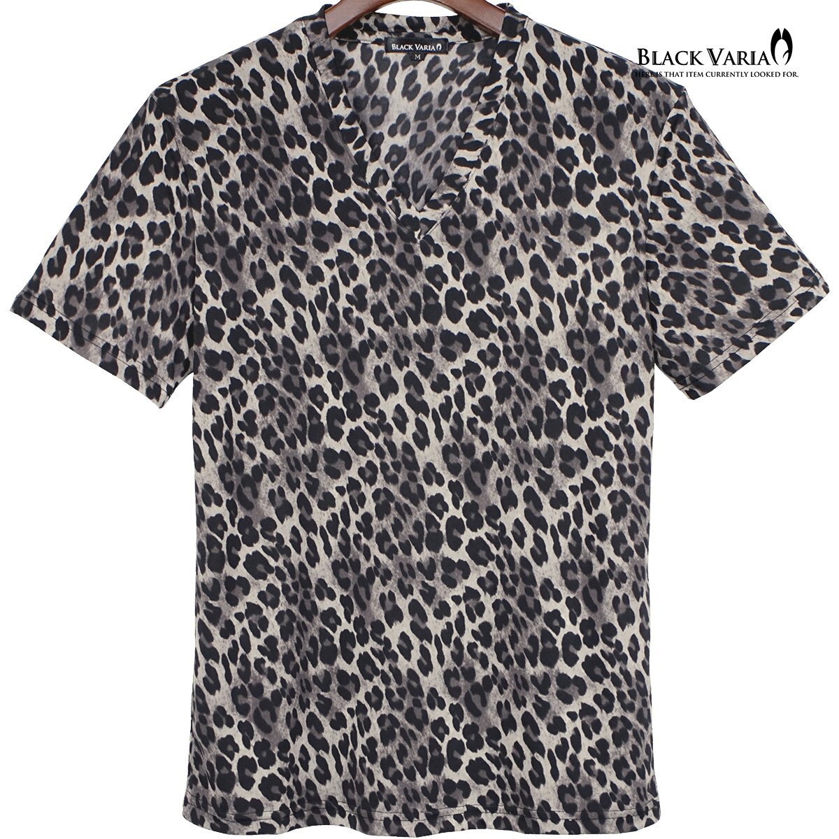 241309-gy BLACK VARIA Tシャツ 半袖 Vネック ヒョウ柄 豹 レオパード 派手 スリム ストレッチ mens メンズ(グレー灰ブラック黒) XL
