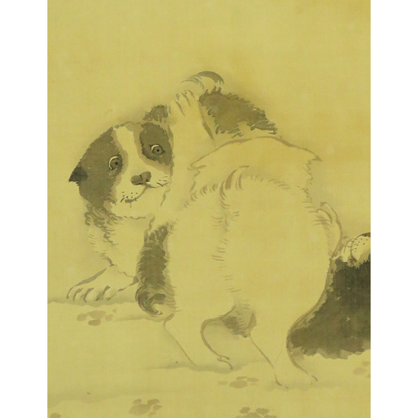 B-4985【真作】中島来章 肉筆絹本淡彩 雪中犬図 掛軸/日本