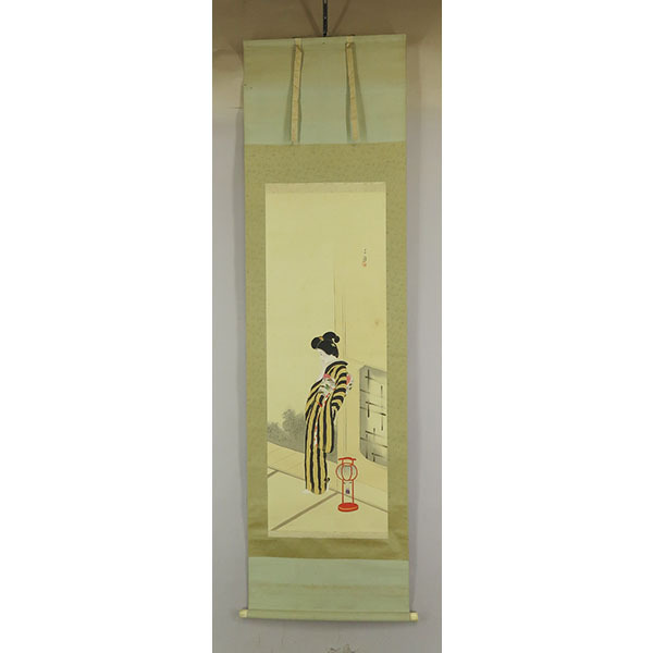 B-4794【真作】木谷千種 肉筆絹本淡彩 美人図 掛軸/女流日本画家