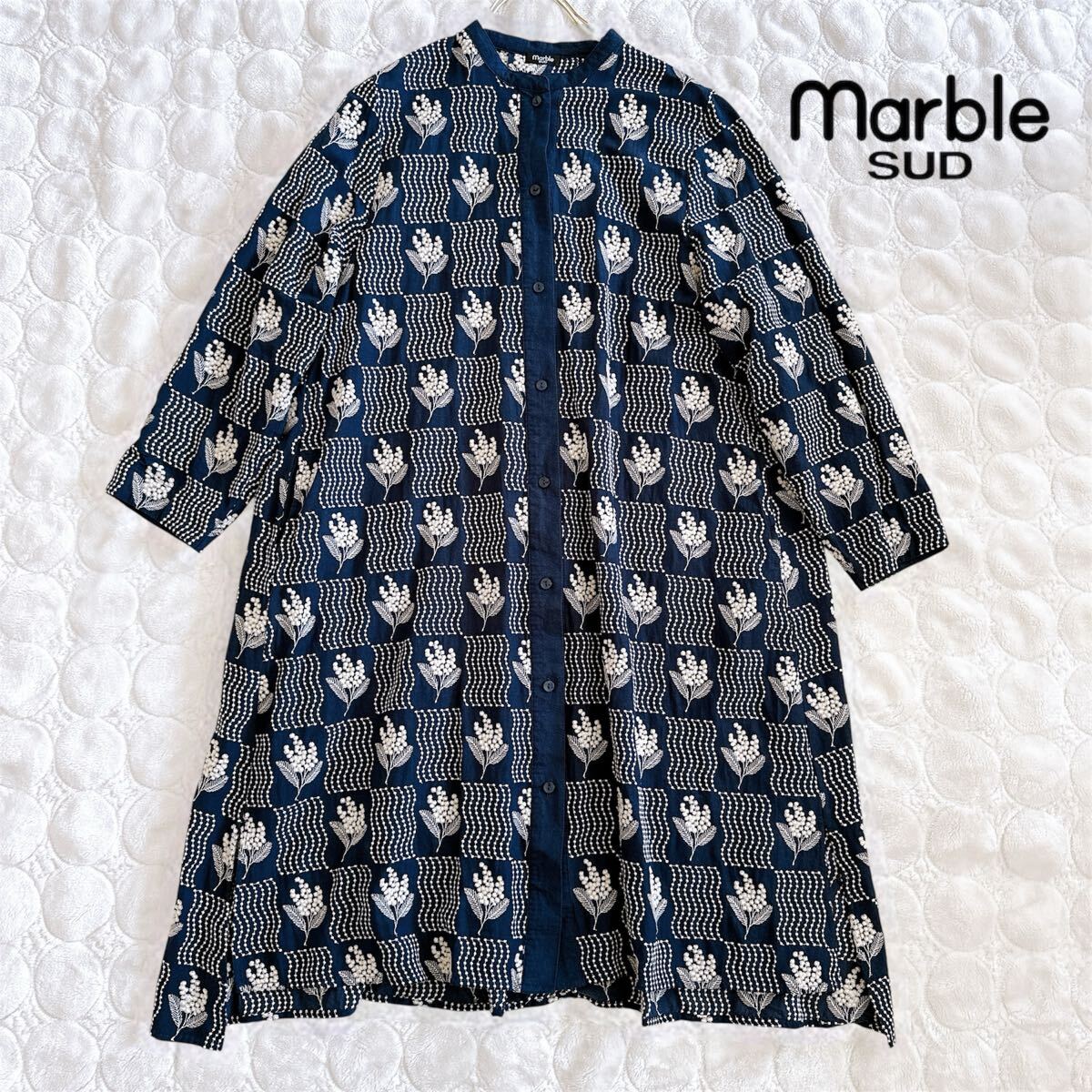 マーブルシュッド ミモザ 刺繍 リネン混 シャツワンピース ネイビー マーブルシュッド marble SUD ミモザ 刺繍 リネン混 シャツ