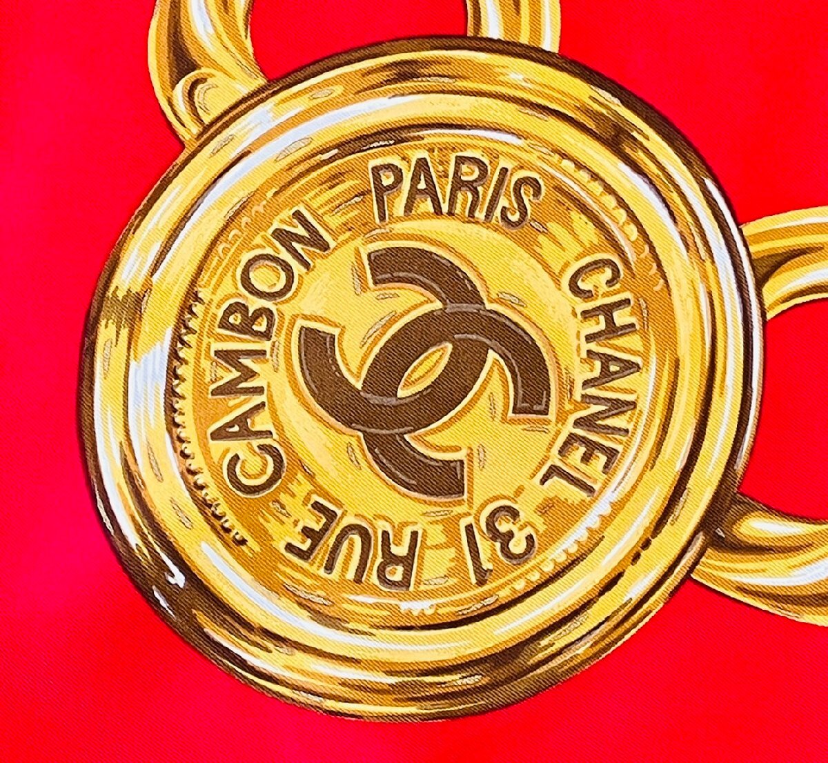 【送料無(wú)料】CHANEL シャネル スカーフ ココマーク 31 RUE CAMBON カンボン チェーン柄 レッド×ゴールド系 シルク タグ有り ケース付き