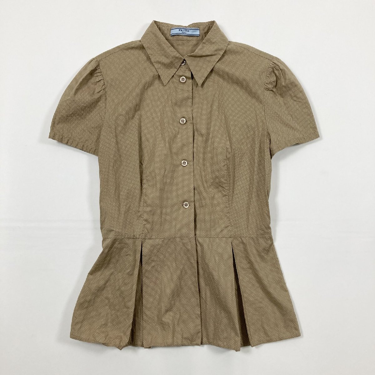 ★ PRADA MILANO プラダ ミラノ 半袖シャツ トップス ペプラム ロゴ ドット柄 春夏 SS ブラウンベージュ サイズ36 レディース 0.1kg