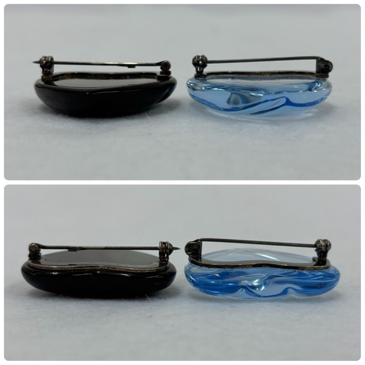 N413-O55-1271 Baccarat バカラ ハート ブローチ 2點(diǎn)セット/ブラック クリア ブルー系/ピンバッジ クリスタル アクセサリー 箱付 まとめ OA
