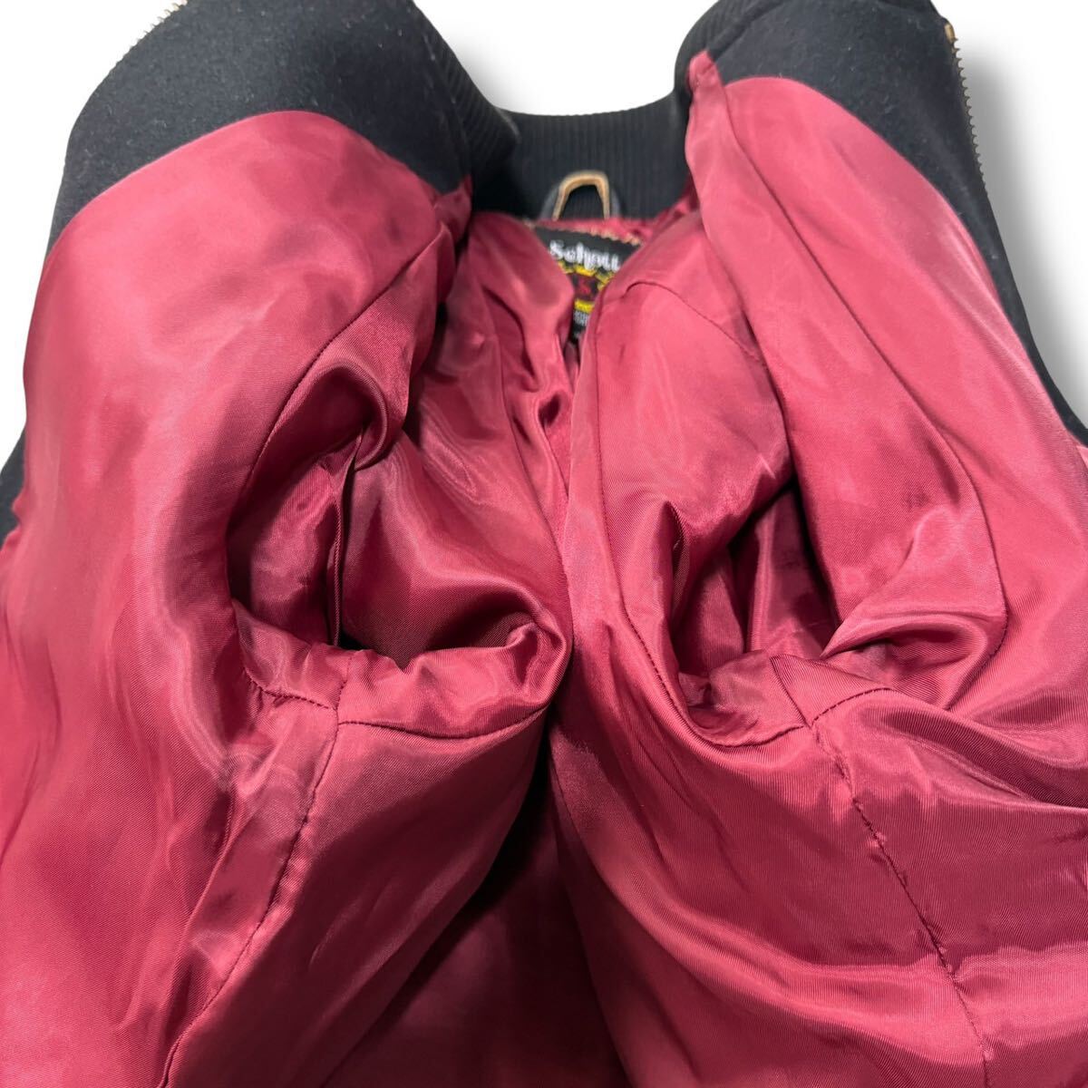 222【極美品◎L相当】SCHOTT スタジャン 本革 袖レザー ショット ブルゾン ファラオジャケット メンズ ロゴ刺繍 裏地ボルドー 上野商会 黒_画像5