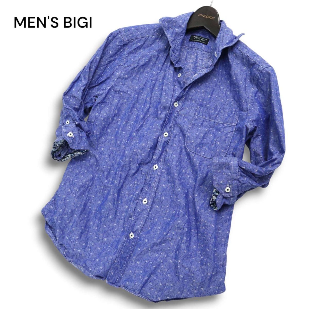 MEN'S BIGI メンズビギ 春夏 麻 リネン混★ 7分袖 ジャガード 総柄 シャツ Sz.M メンズ 日本制　C5T05330_5#A
