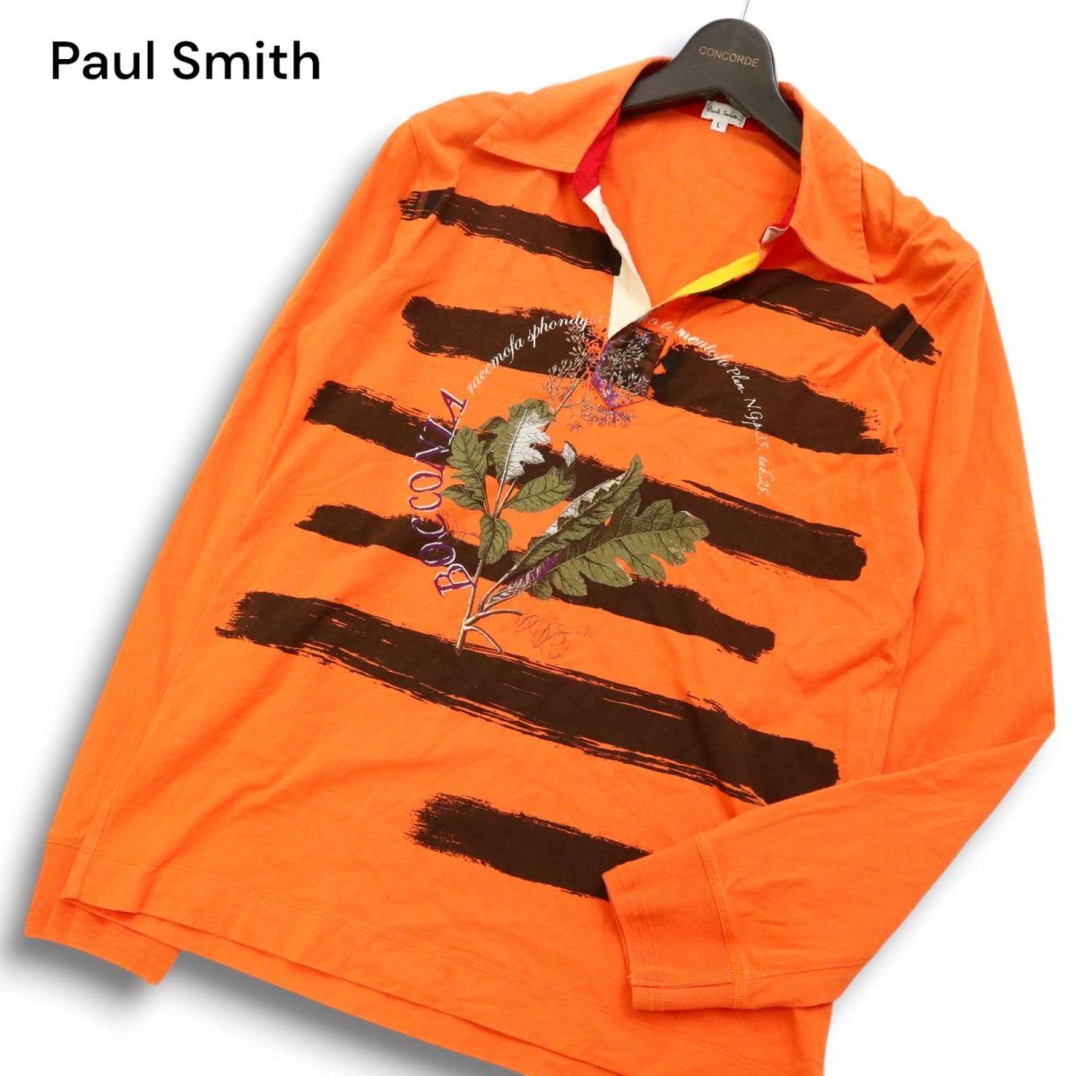 Paul Smith ポールスミス メインライン★ 通年 リーフ ボーダー プリント 長(zhǎng)袖 ポロシャツ Sz.L メンズ 日本制　C5T05415_6#F