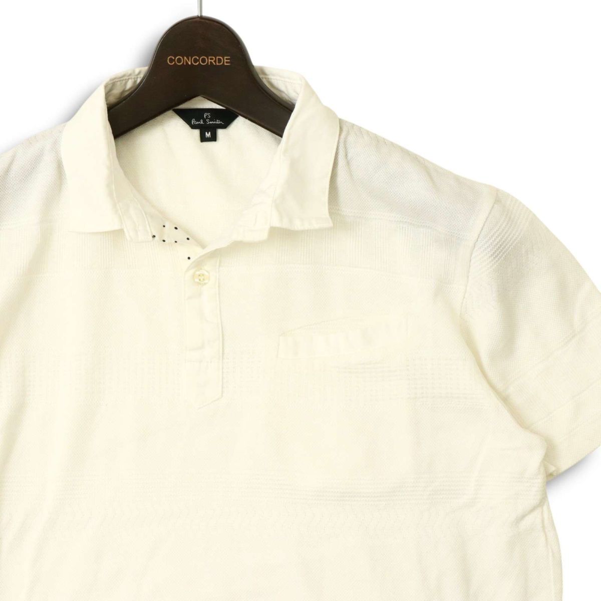 PS Paul Smith ポールスミス 春夏 ジャガード ボーダー★ ドット使い 半袖 ポロシャツ Sz.M メンズ 白 日本制　C5T05722_6#D