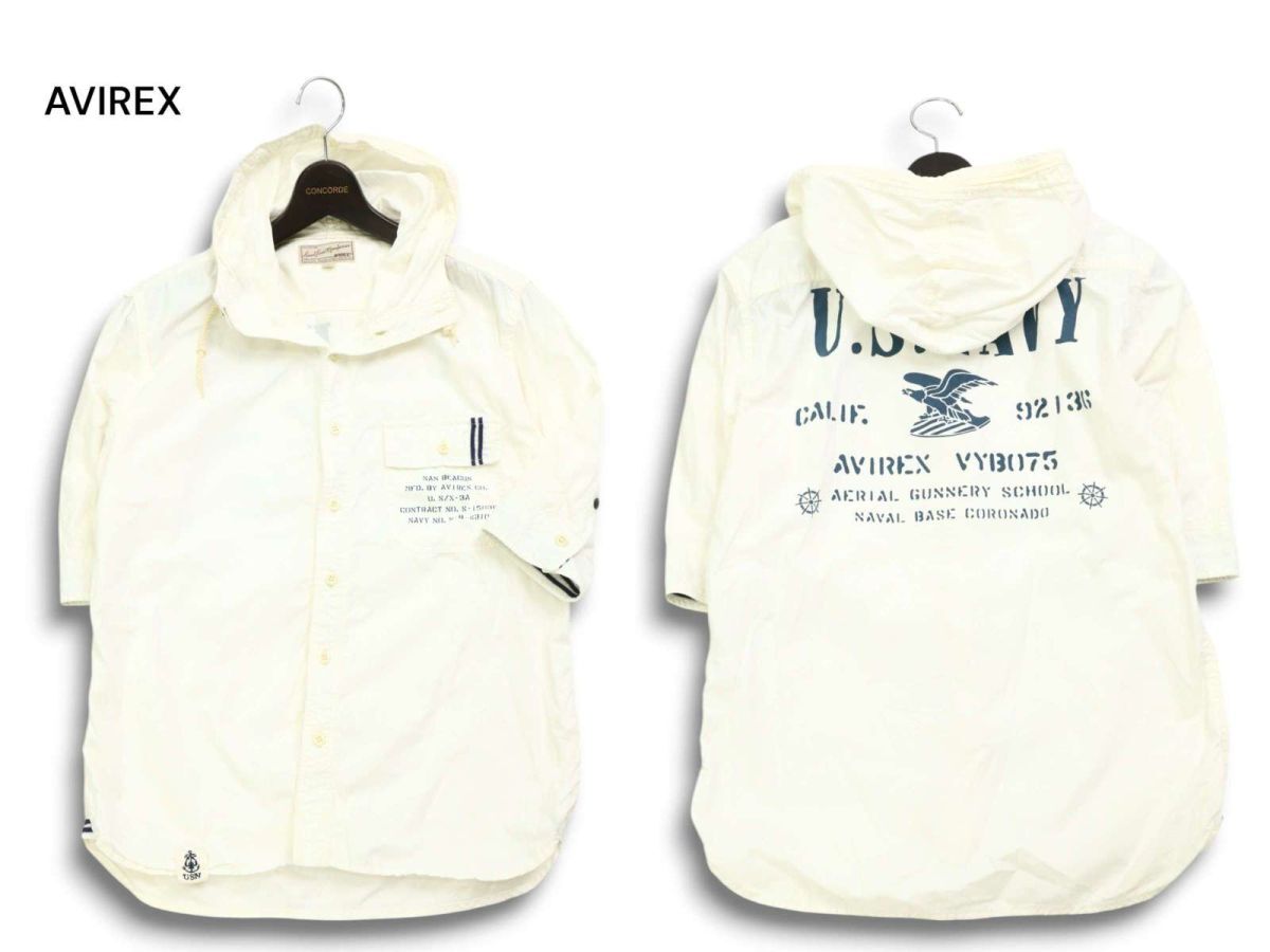 AVIREX アヴィレックス 春夏 U.S.NAVY★ 半袖 フーディー ミリタリー シャツ Sz.L メンズ 白　C5T05678_6#M