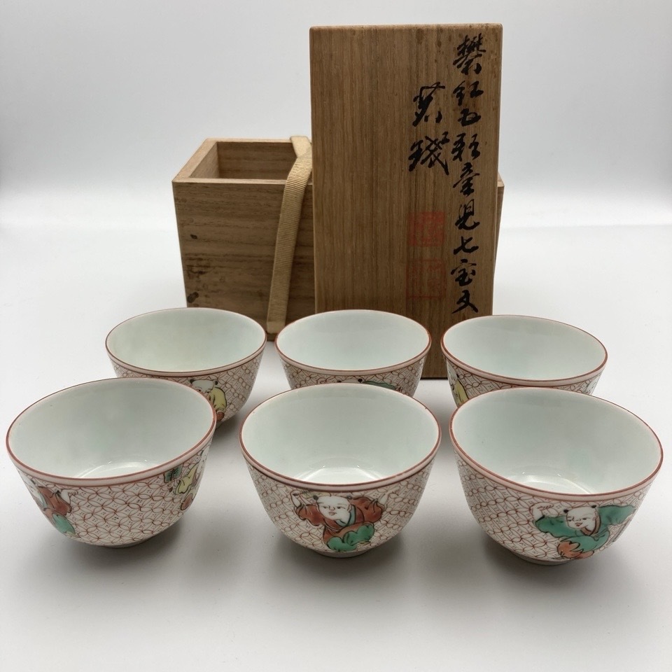 煎茶碗 竹泉 アンティーク煎茶碗 茶道具 5客 1円〜 三浦竹泉 造 礬紅五彩童児文 煎茶碗 六客 共箱 篩月庵