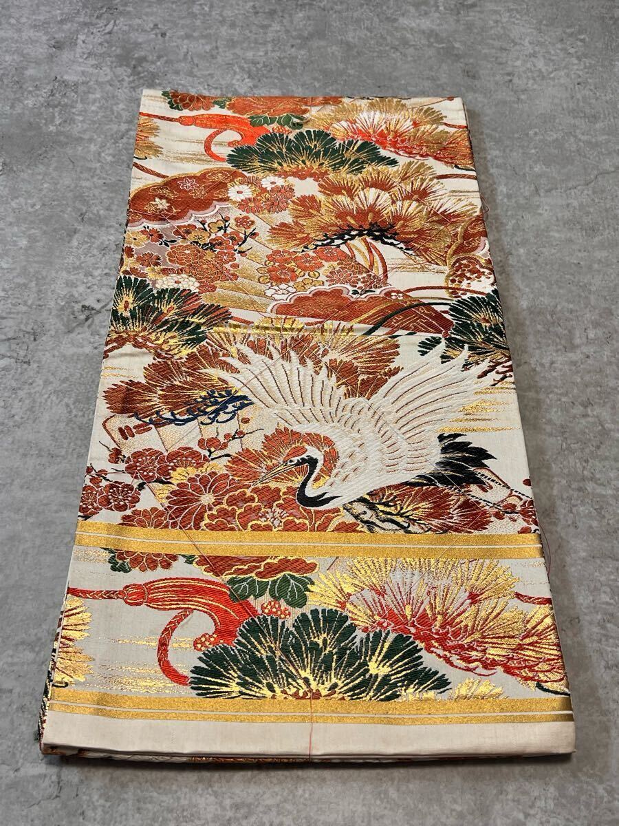 帯 しつけ纟付き 両面 アンティーク 丸帯 全通 織物 鶴松 金纟 和裝