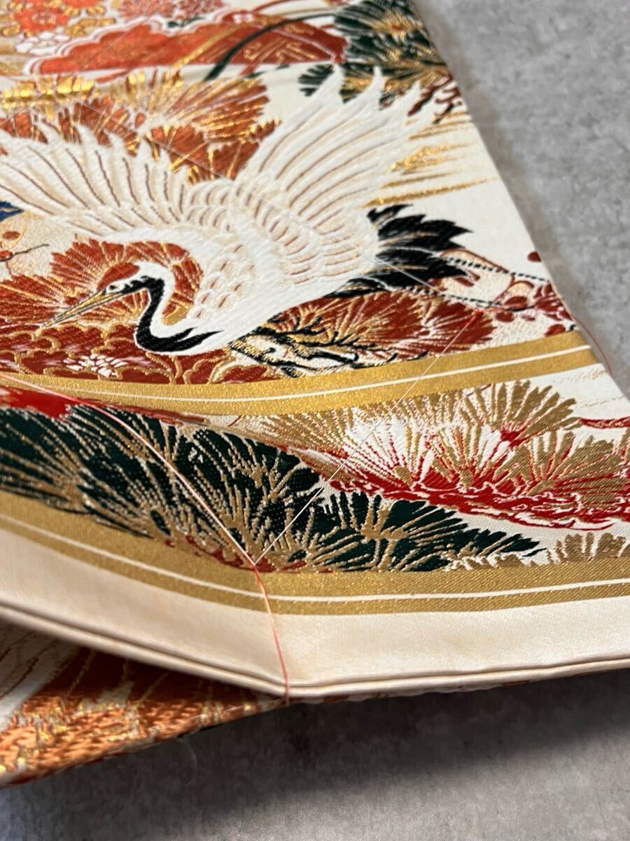 帯 しつけ纟付き 両面 アンティーク 丸帯 全通 織物 鶴松 金纟 和裝