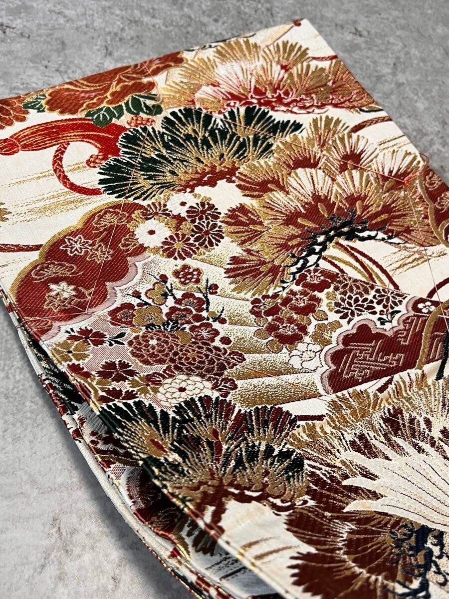 帯 しつけ纟付き 両面 アンティーク 丸帯 全通 織物 鶴松 金纟 和裝