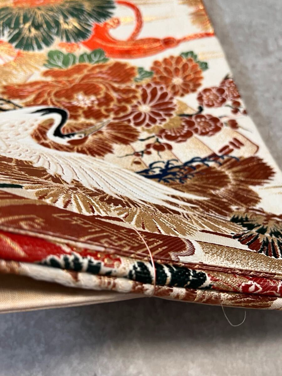 帯 しつけ纟付き 両面 アンティーク 丸帯 全通 織物 鶴松 金纟 和裝