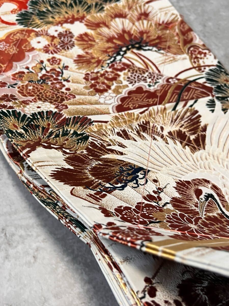 帯 しつけ纟付き 両面 アンティーク 丸帯 全通 織物 鶴松 金纟 和裝
