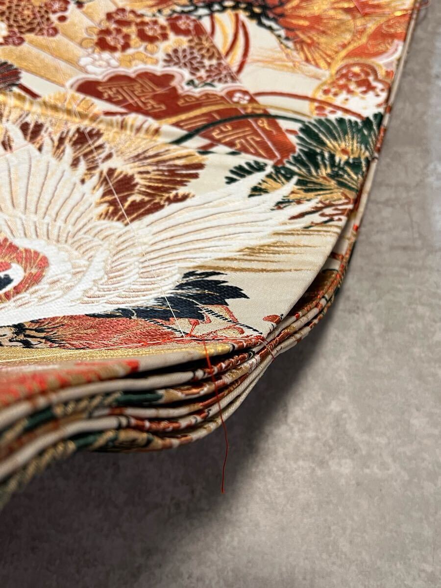 帯 しつけ纟付き 両面 アンティーク 丸帯 全通 織物 鶴松 金纟 和裝
