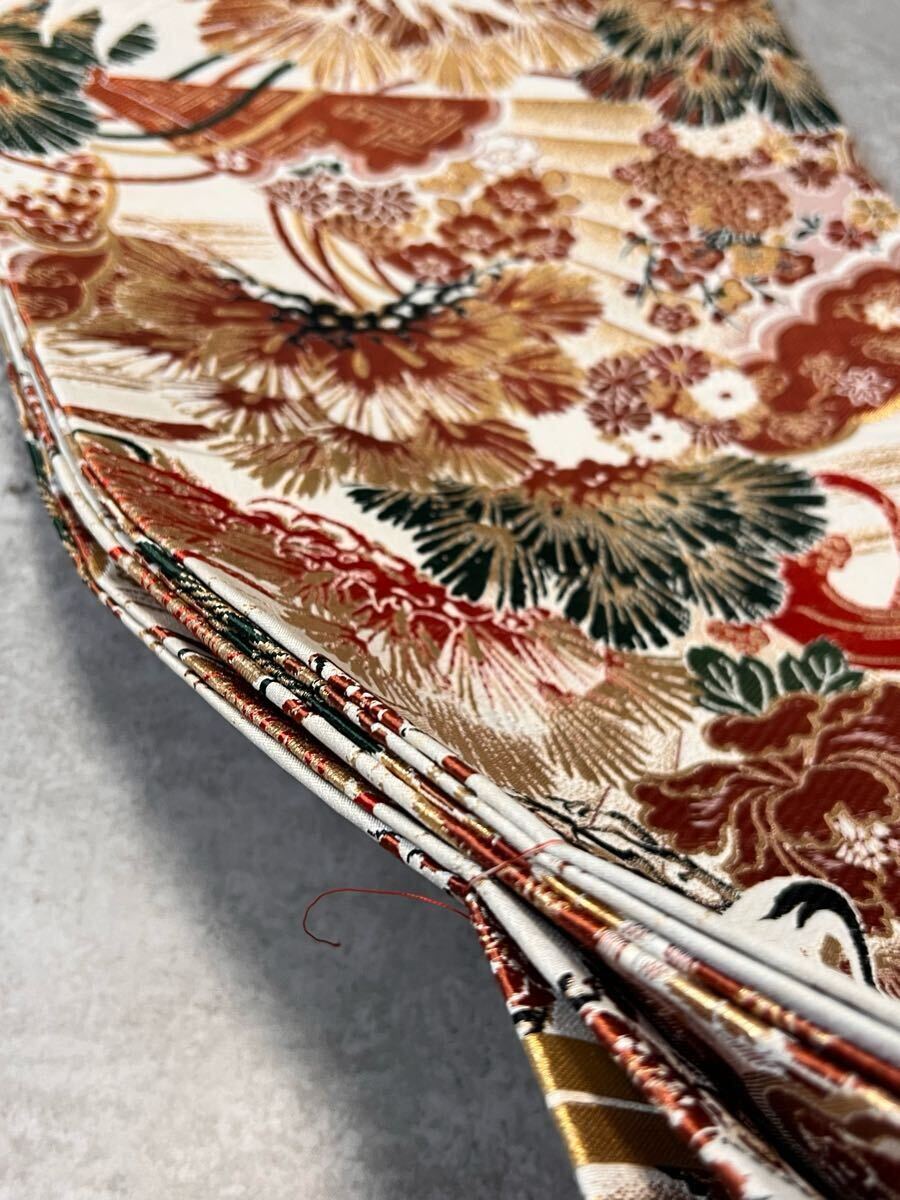 帯 しつけ纟付き 両面 アンティーク 丸帯 全通 織物 鶴松 金纟 和裝