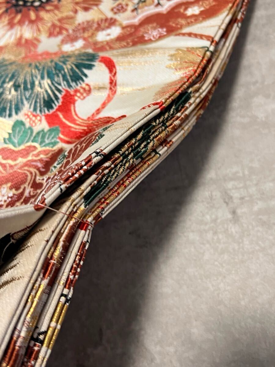 帯 しつけ纟付き 両面 アンティーク 丸帯 全通 織物 鶴松 金纟 和裝