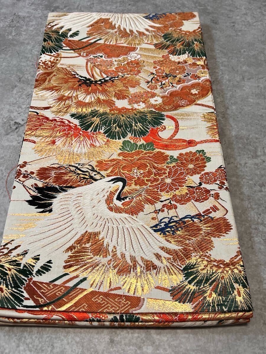 帯 しつけ纟付き 両面 アンティーク 丸帯 全通 織物 鶴松 金纟 和裝