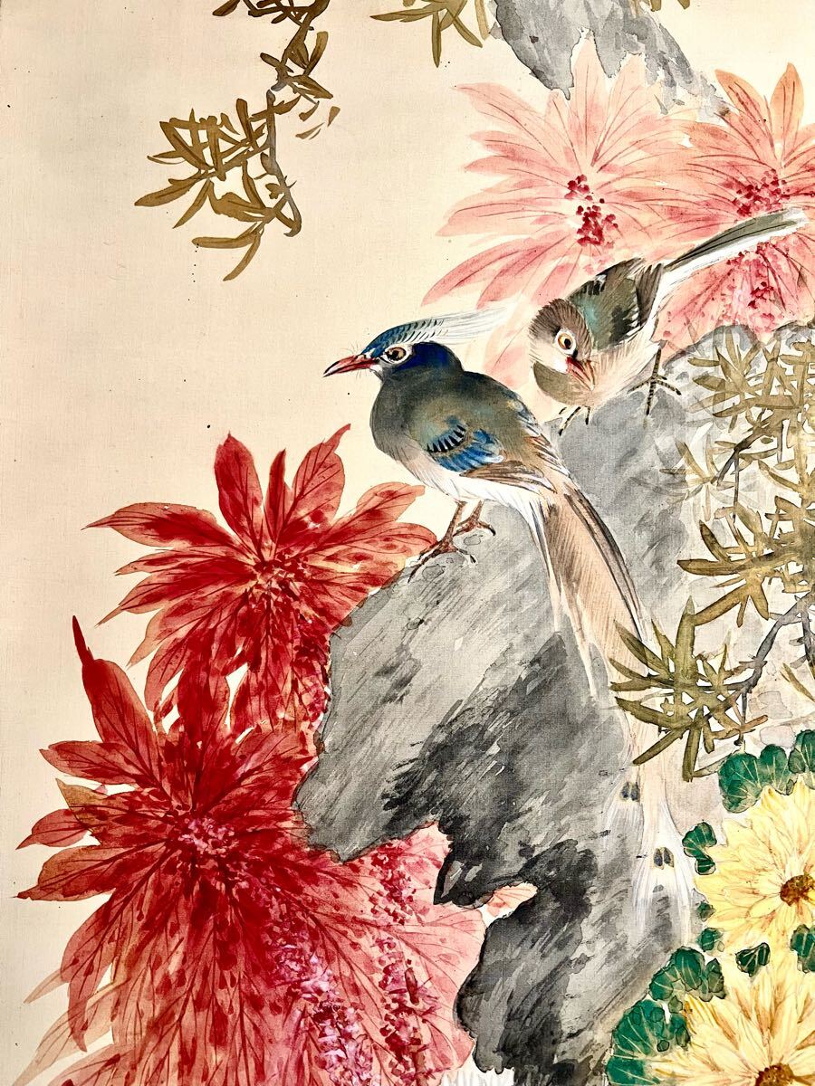 掛け軸 鳥 木 花鳥図 肉筆絹本 池田 桂月写 十二月 檜に啄木鳥図