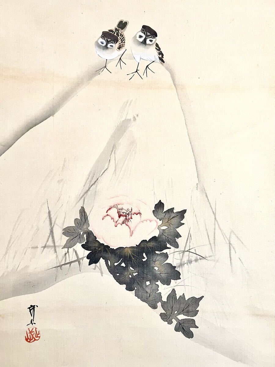 【真作】【仙】木村武山「日之出寒牡丹」絹本 肉筆 合箱 金泥 雪中 花鳥図 鳥獣 雀 絵畫 掛軸 明治-昭和の日本畫家 茨城の人 師: 川端玉章