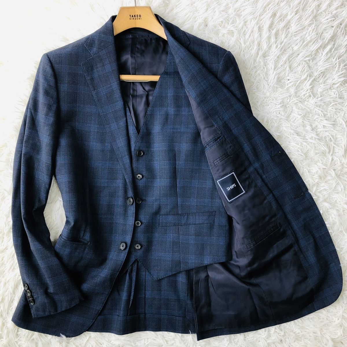 シップス【SHIPS × Loro Piana】テーラードジャケット ネイビー サイズ44 チェック柄 ベスト ストレッチ 背抜き サイドベンツ 毛　205