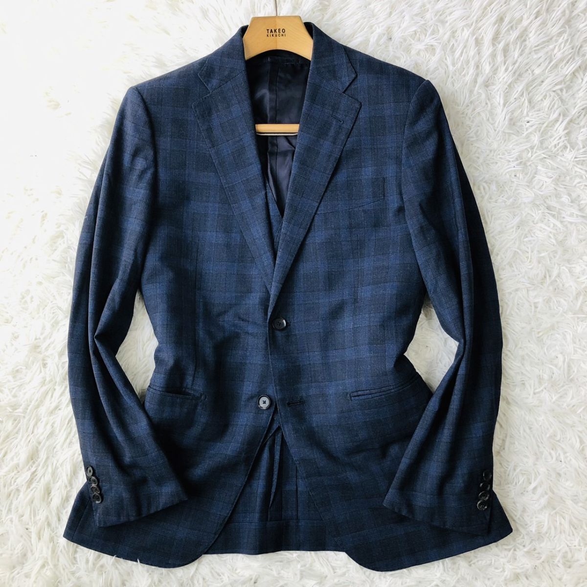 シップス【SHIPS × Loro Piana】テーラードジャケット ネイビー サイズ44 チェック柄 ベスト ストレッチ 背抜き サイドベンツ 毛　205