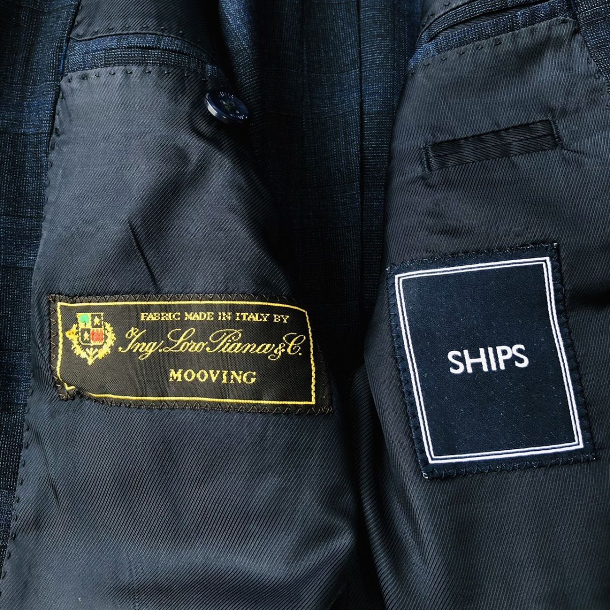シップス【SHIPS × Loro Piana】テーラードジャケット ネイビー サイズ44 チェック柄 ベスト ストレッチ 背抜き サイドベンツ 毛　205